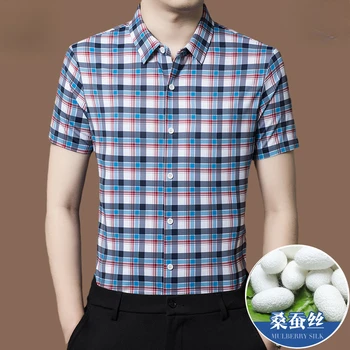 Summer New 100% Mulberry Silk marškiniai trumpomis rankovėmis vyrų verslui Laisvalaikio pledas Ledo šilko ploni marškiniai vyrams Camisa Masculina