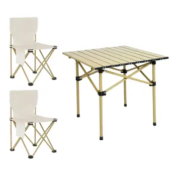 Kempingas Sulankstomos stalo kėdės Komplektas su 2 taburetėmis Stovyklos stalas Kavos staliukas Plieninis stalas Sulankstomas iškylų stalas BBQ kieme Sodas