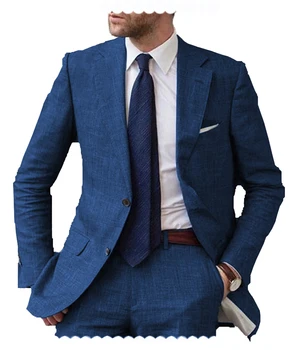 Naujo lininio vyriško kostiumo 2 dalių švarko kelnės 2023 m. Geriausia vyriška įpjautas atlapas 