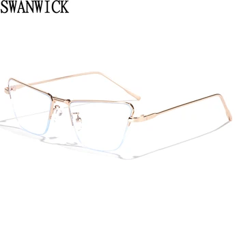 Swanwick pusė ratlankio mėlyna šviesa blokuojantys akiniai kvadratiniai vyrai skaidrus lęšis katės akių akiniai rėmelis moterys metalo apdaila auksas sidabras