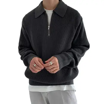 Vyrai ilgomis rankovėmis Viršuje stilingas vyriškas megztas megztinis Atlapo dizainas Minkštas šiltas vidutinio ilgio laisvalaikio megztinis rudens/žiemos vyrų megztinis