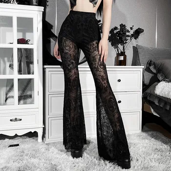 Y2K Gotikinės juodos nėrinių tinklelio platėjančios kelnės Žiūrėti per seksualias Harajuku estetines ilgas kelnes Vintažinės moteriškos vasarinės kelnės Gatvės drabužiai
