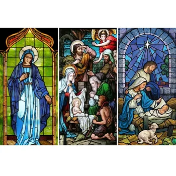 Deimantų siuvinėjimas,Viso kvadrato deimantų vitražo stilius Christian Nativity Virgin Mary, 5D Diamond Painting Cross Stitch