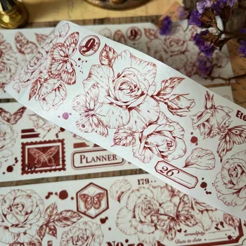 Vintage Pink Rose spalvos gėlių fonas Washi PET juosta kortelių gamybai 