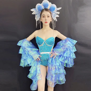 Mėlyni blizgučiai Smėlinukas Gogo šokėjas Performansas Kostiumas Lazerinės rankovės Dainininkės sceninė apranga Vakarėlis Šokių apranga Dj Ds Klubinė apranga