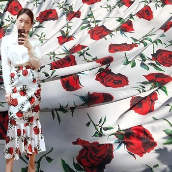 Brand Fashion Design Audinys Red Rose Flower Soft Imitate Silk Satin Digital Print Sijonas 