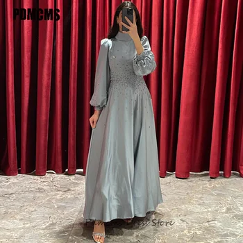 Satino karoliukais puoštos musulmoniškos vakarinės suknelės pilnomis rankovėmis Aukšto kaklo hidžabas Islamo formalios partijos suknelė Arabų Dubajaus moterų chalatai De Soirée