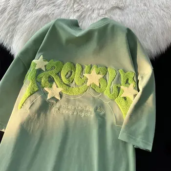 siuvinėjimo laiškai plūstantys žvaigždžių marškinėliai trumpomis rankovėmis Medvilniniai marškinėliai moterys laisvas retro national tide prekės ženklas prašmatnus viršus harajuku