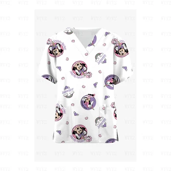2023 Moteriški marškiniai trumpomis rankovėmis V kaklo viršus Disney Mickey Minnie darbo uniforma Animacinių filmų spausdinimo marškiniai Slaugytojo kombinezono uniforma