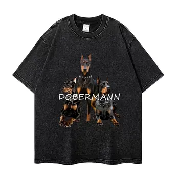 2023 Vyriški gatvės drabužiai Hip Hop Oversized marškinėliai Juokingi Dobermano šuns grafiniai marškinėliai Vintažiniai skalbti juodi medvilniniai marškinėliai Harajuku
