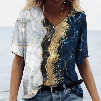 Vasariniai vintažiniai moteriški marškinėliai 3D spausdinta tekstūra Atspausdinti V formos kaklo oversized marškiniai trumpomis rankovėmis Laisvi laisvalaikio gatvės mados atsitiktiniai