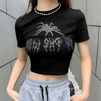 New fashion Punk Vintage Rhinestone Spider Goth Graphic T Shirt Women Y2k Style Crop Top