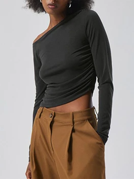 Moterys seksualios vieno peties marškinėliai ilgomis rankovėmis Casual Basic Slim Fit Crop Tops Off Shoulder Ruched Asymmetric Tight Trikotažiniai marškinėliai