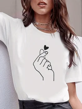 Cute Print Love Gesture Crew Neck marškinėliai trumpomis rankovėmis Casual Every Day Top for All Season Women Clothing