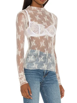 Moteriškos nėrinių viršūnės ilgomis rankovėmis Matosi per tinklinį apkarpymą Viršutinis gėlių šleifas Prigludęs trikotažas Y2K sluoksniuota viršutinė marškinių palaidinė