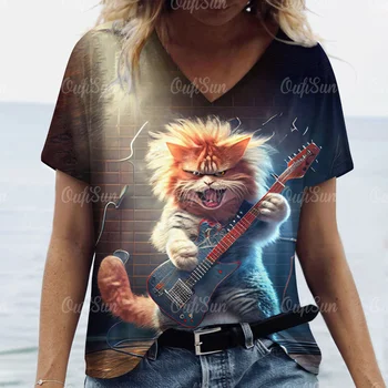 Hip Hop marškinėliai moterims Trumpomis rankovėmis 3d Cat Print V-Neck Top Street Fashion Marškinėliai Female Crop Tops Ladies Oversized drabužiai