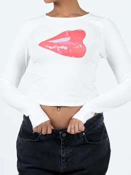 Moterys Vintažinio žvaigždės rašto juostelės Patchwork marškinėliai ilgomis rankovėmis Įgulos kaklas Crop Top Casual Y2K 90s gatvės drabužiai