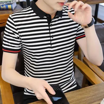 Fashion Lapel Button Spliced Striped Pol T-Shirt Vyriški drabužiai 2023 Spring New Loose Casual Pullovers All-match Tee Shirt