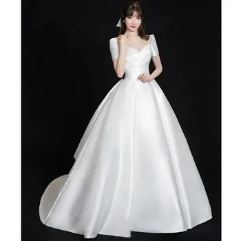 Klasikinė satino vestuvinė suknelė moterims 2023 m Nauja paprasta nuo peties V formos kaklo vakarėlio suknelė Elegantiška prancūziška nuotaka Vestido De Novia