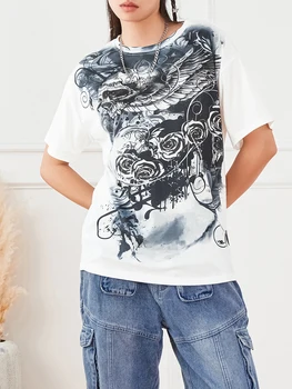 wsevypo Vintage Graphic Flower Print marškinėliai Grunge Punk Styl Summer Tees Moteriškos trumpos rankovės O Kaklo megztiniai Tops Gatvės drabužiai