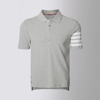 Polo marškinėliai Vyrų mados prekės ženklas Gryna medvilnė Trumpomis rankovėmis Tops Classic 4 barų dryžuotas dizainas Vasaros pasukite žemyn apykaklę marškinėliai