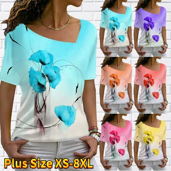 2023 Moteriški gėlių spausdinimo marškinėliai Fashion Casual Top Summer Loose Tee Shirt Women's Sexy V-Neck Pullover trumpomis rankovėmis XS-8XL