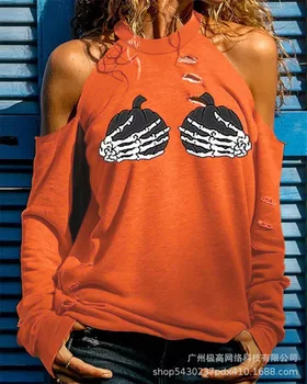Helovino moliūgų skeleto rankos Spausdinti viršų Moterys Tuščiaviduriai Ištiesti marškinėliai ilgomis rankovėmis Marškinėliai