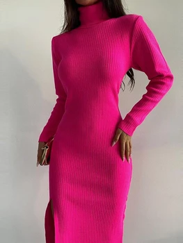 Megztos padalintos moterys Maxi suknelė plona vėžlys ilgomis rankovėmis Klubų paketas Moteriškos suknelės 2022 Rudens žiemos ponia Visos rungtynės