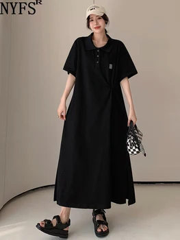 NYFS 2023 Summer New Korea Woman Dress Vestidos Robe Ete Femme Elbise Loose Plus Size POLO apykaklė Suknelė ilgomis rankovėmis