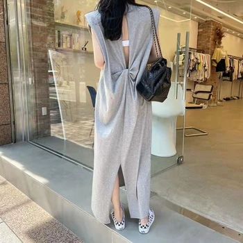 2023 m. vasara Vienspalvės liemenės be rankovių Suknelės Moteriškas pečių padas Be nugaros Tuščiavidurė Maxi suknelė Korėjietiško stiliaus tiesus sijonas