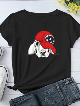 2022 Nauji spausdinti šuniuko marškinėliai O-kaklas Laisvas juodas trikotažas Top Moteriški drabužiai Laisvalaikio trumpomis rankovėmis marškinėliai Vasaros Camisetas De Mujer