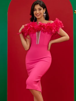 Rožinė tvarsčio suknelė Moterys Christams Vakarėlio suknelė Bodycon Elegantiška plunksna Seksuali nuo peties Gimtadienis Vakarinė klubo apranga Naujieji metai