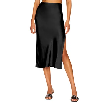 Moteriškas aukštos kokybės satino pusiau sijonas su elastingu aukštu juosmeniu vientisos spalvos padalintas vidutinio ilgio sijonas naujos mados moteriški drabužiai