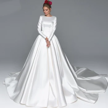 2024 Elegantiškos vestuvinės suknelės moterims ilgomis rankovėmis Prabangus satino koplyčios traukinys Puošnūs kaušelio kaklo nuotakos chalatai Vestido De Novia