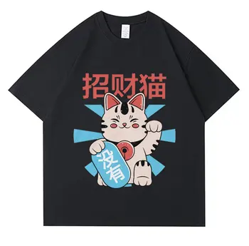 Cute Lucky Cat Kanji Anime marškinėliai Japonų manga animacinis filmas Kawaii Print Tee marškinėliai Vyrai Moterys Fashion Casual T marškinėliai Y2K Streetwear
