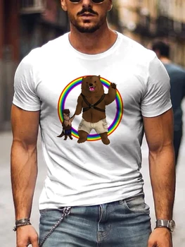 2023 m. vasaros vyrų marginti laisvalaikio ekipažo kaklo marškinėliai trumpomis rankovėmis Vyriški vaivorykštės lokys Say Hi Print Casual T-Shirt3D Printed marškinėliai