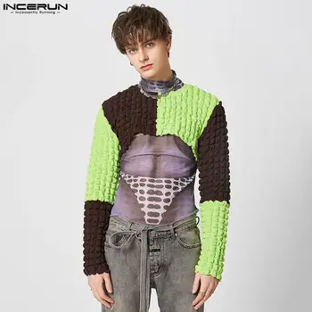 INCERUN 2023 m. pavasario vasara Vyriški marškinėliai Fashion Short Tops Crop Top Long Sleeve Stitching Color Party Rodo vyriškus marškinėlius S-5XL