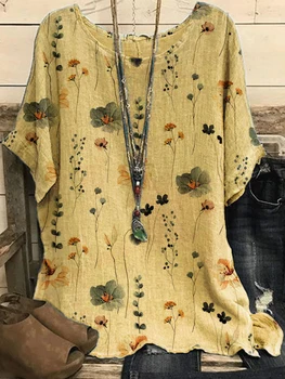 Vasariniai marškinėliai apvaliu kaklu Moteriški laisvalaikio savaitgalio marškinėliai Naujo dizaino gėlių spausdinimas Megztinis Laisva palaidinė trumpomis rankovėmis Viršus