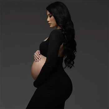 Naujos motinystės suknelės fotosesijai Juodos ilgos rankovės Nėštumas be nugaros Maxi suknelė Vestuvių vakarėlis Fotografija Nėščiųjų drabužiai