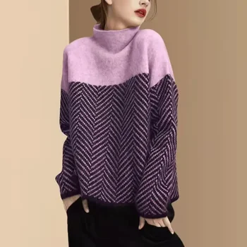 Moterys Turtleneck megztinis Vintažinis margumas Ruduo Žiema Megztos viršūnės Laisvalaikio laisvi megztiniai Korėjos mada Paprasti prašmatnūs džemperiai