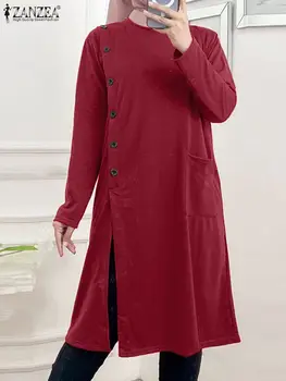ZANZEA Mada Turkija Hijabas Musulmoniška palaidinė Moteris ilgomis rankovėmis O-Kaklo Marškiniai Rudens laisvalaikio splitas Hem Chemise Elegantiškas Kietas Blusas