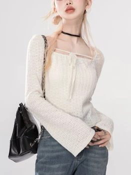 Solid French Vintage Slim Pullovers Female Autumn Elegant Lace-up Sweet Tops Female Korean Style Laisvalaikio drabužiai ilgomis rankovėmis 2023