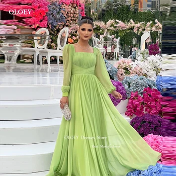 OLOEY Elegantiškas šalavijas Žalias šilkas Šifono vakarinės suknelės Pūstomis ilgomis rankovėmis Kvadratinis kaklas Aptrauktas arabiškas Dubajaus moterų vestuvių vakarėlio chalatas