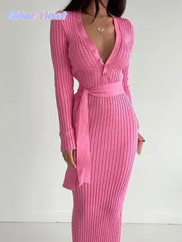 Fashion Pit Stripe Buttons Megzta suknelė moterims ilgomis rankovėmis Slim Fit suknelės 2023 Elegantiški rudens ponios High Street chalatai