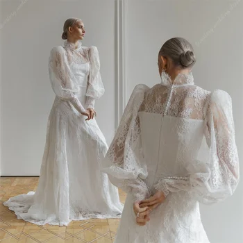 prancūzų klasikinės nėrinių aplikacijos vestuvinės suknelės aukštu kaklu pilnomis rankovėmis nuotakos chalatai Linijos nuotakos chalatai chalatas su ilgu traukiniu