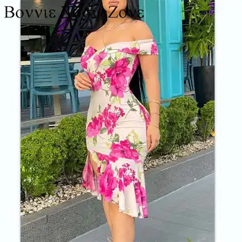 Suknelė moterims 2023 Gėlių atspaudas nuo pečių raukinių Bodycon suknelė