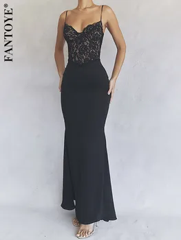 Fantoye Patchwork Sexy See Through Lace Women Maxi Dress Black Spaghetti Strap V-neck Dress Autumn Skinny Elegant Party Clubwear