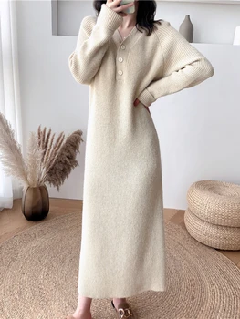2023 Ruduo/Žiema Nauja moteriška džemperio suknelė Kieta V formos megztinio suknelė Megzta ilga suknelė su V kaklu Ilga suknelė Korėjiečių mada ilgomis rankovėmis Megzta elegantiška suknelė