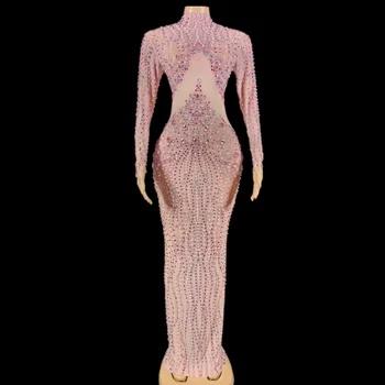 Elegantiška permatoma rožinė perlų krištolo rutulio suknelė Prom suknelė plius dydis Pageant gimtadienio vestuvinė suknelė Ponios Ilga vakarinė suknelė