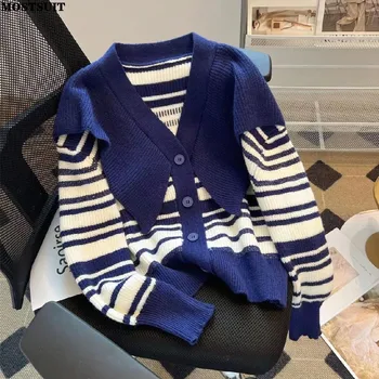 Vintažinis dryžuotas megztukas Megztinis Moteriškas V formos kaklas ilgomis rankovėmis Viengubas paltas 2023 m. žiemos laisvalaikio mados laisvas džemperis